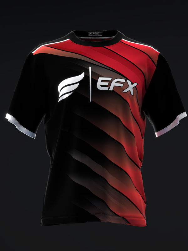 Black and red bowling jersey with diagonal stripe design and EFX logo, front view