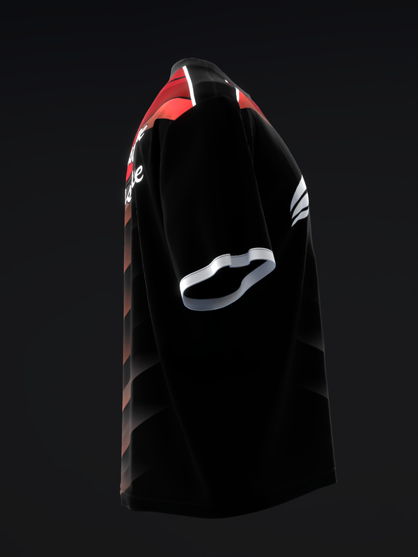 Black and red bowling jersey with white stripe detailing on sleeve