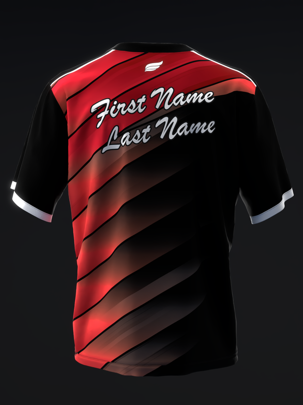 Black and red bowling jersey with diagonal stripe design and name customization
