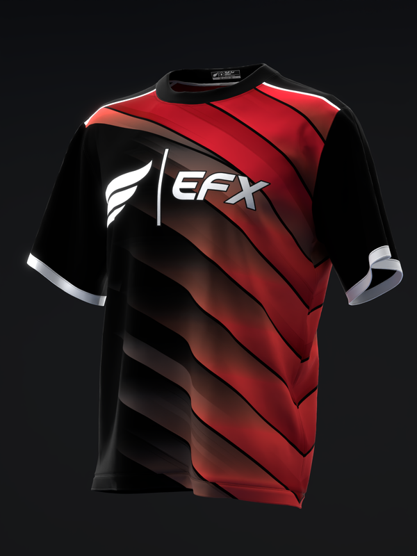 Black and red bowling jersey with EFX logo and diagonal stripe design, front view