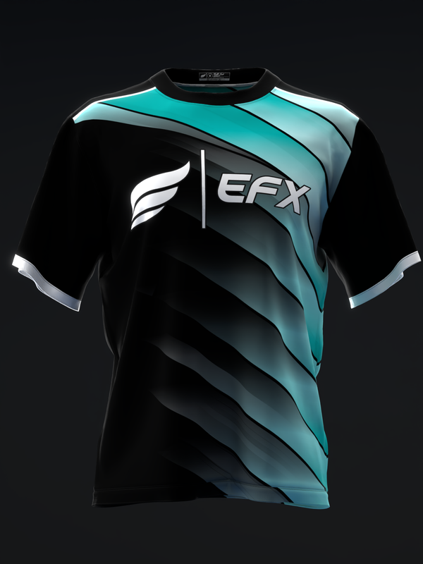 Black bowling jersey with turquoise and white diagonal stripe design, front view