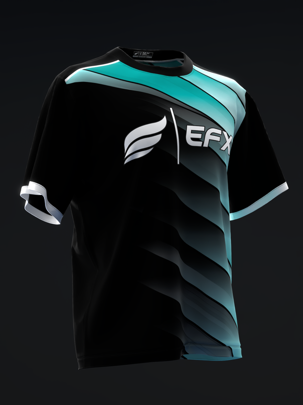 Black and teal bowling jersey with EFX logo and diagonal stripe design front view