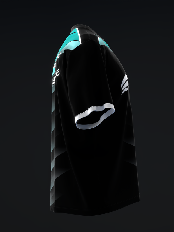 Black bowling jersey with turquoise and white geometric design, side view