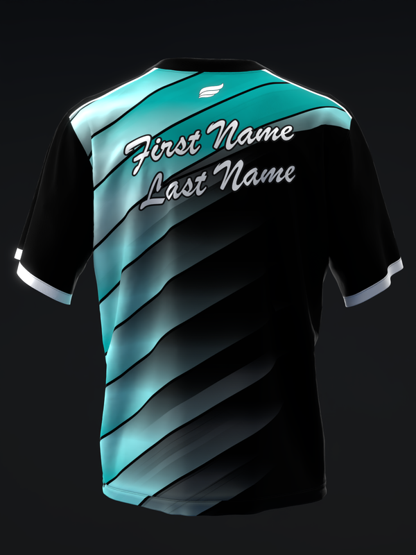 Black and teal bowling jersey with diagonal stripe design and name customization