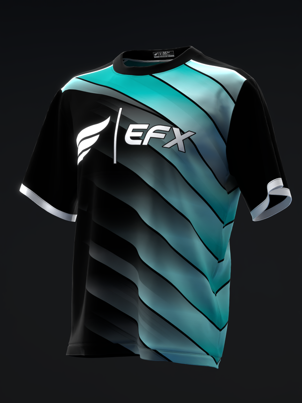 Black and teal bowling jersey with diagonal stripe design and EFX logo
