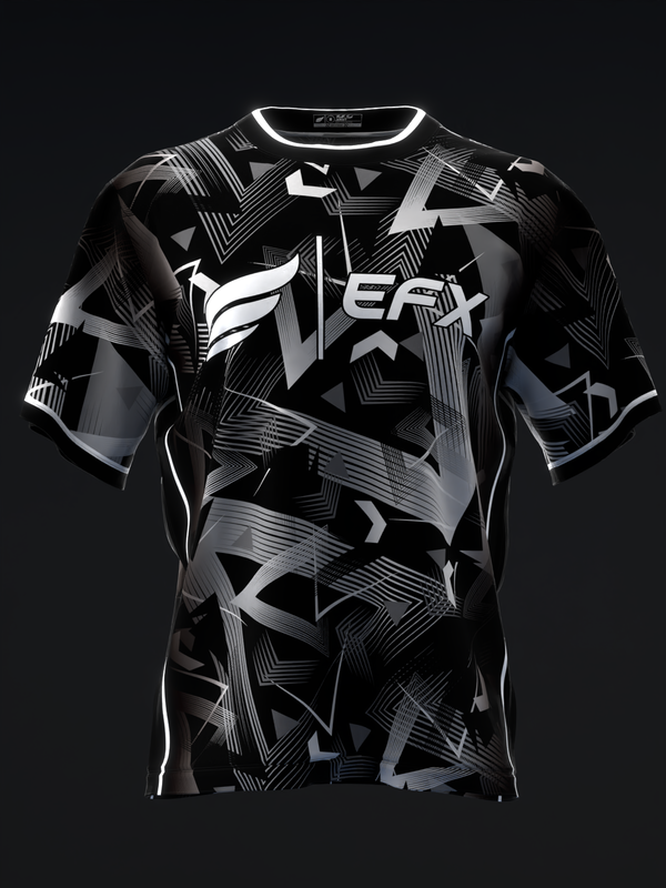 Black bowling jersey with white abstract geometric pattern and EFX logo, front view