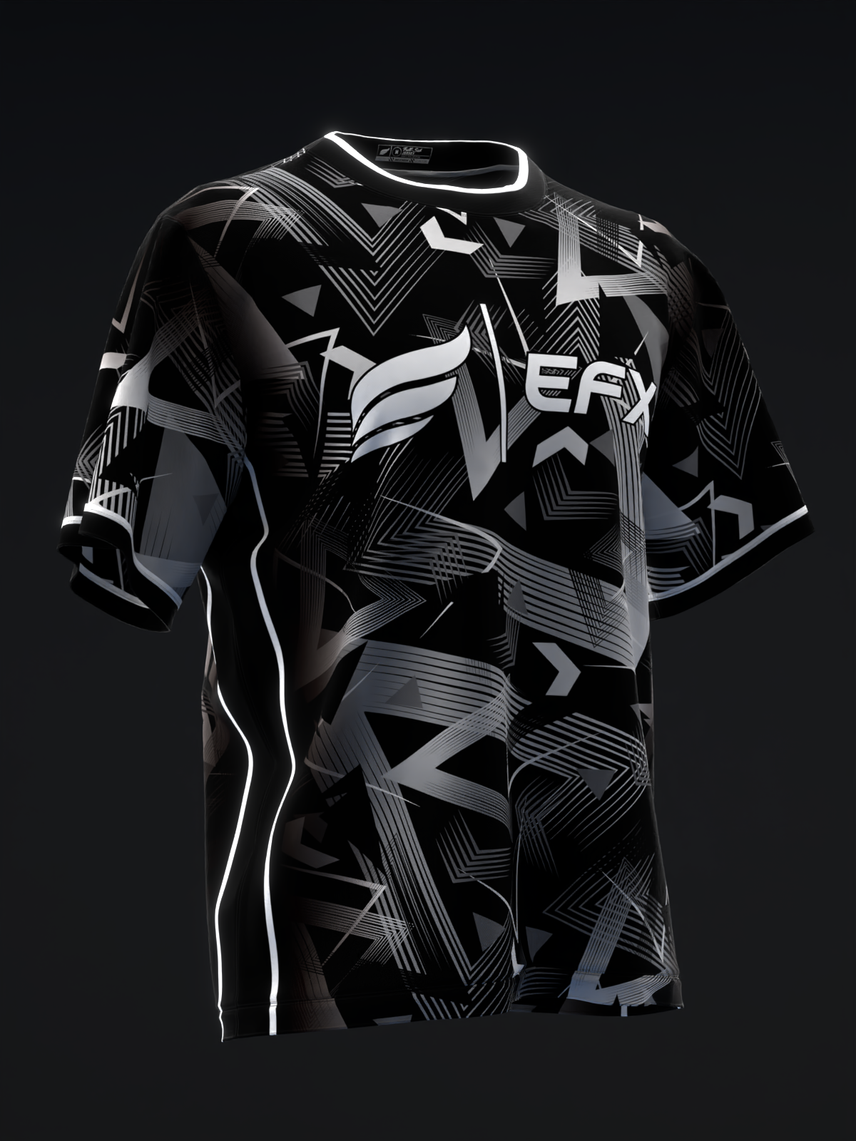 Black bowling jersey with white abstract geometric and striped pattern, front view