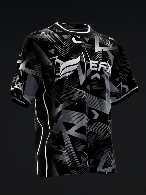 Black bowling jersey with white abstract geometric and striped pattern, front view