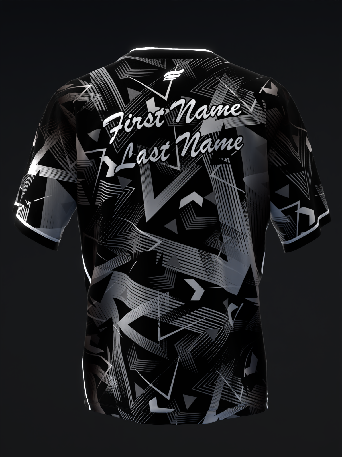Black bowling jersey with abstract geometric pattern and white personalized name text