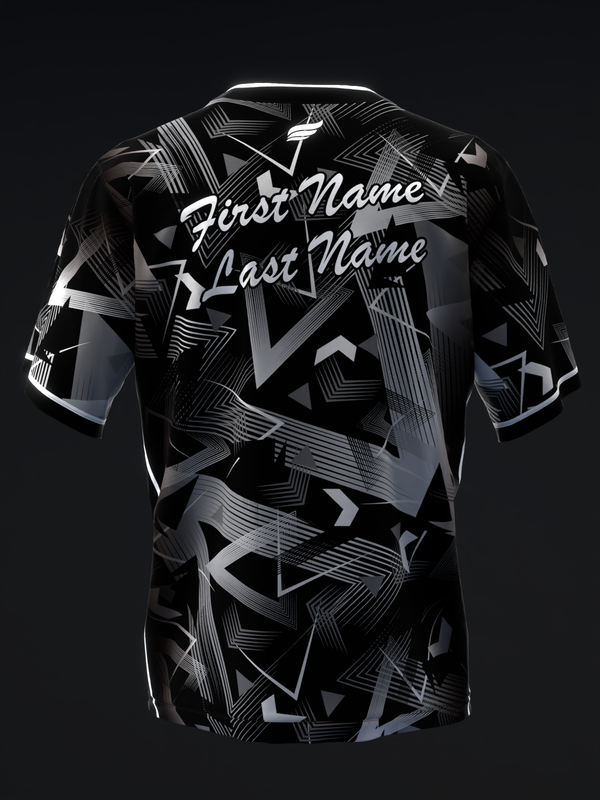 Black bowling jersey with abstract geometric pattern and white personalized name text