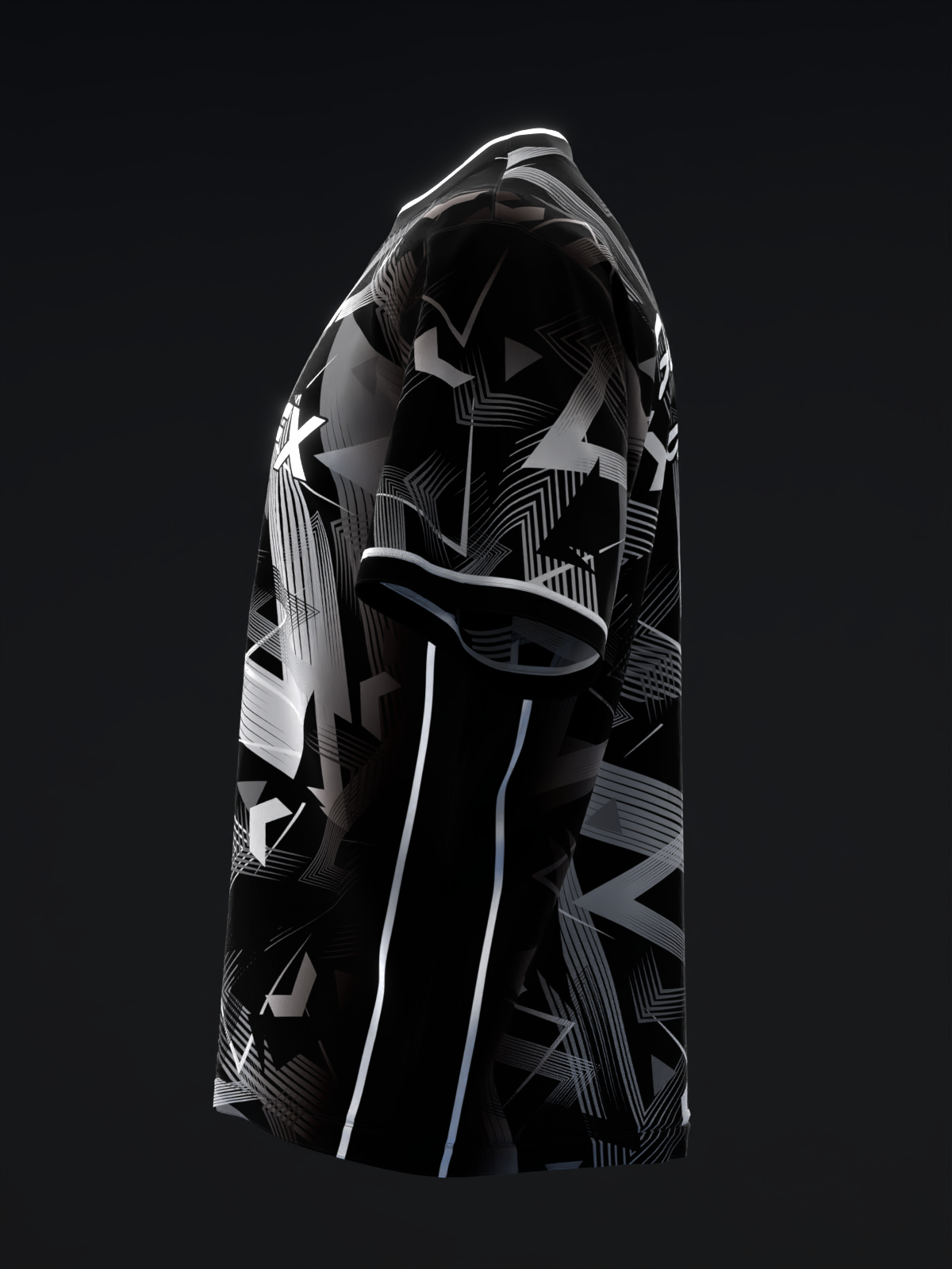 Black bowling jersey with white geometric and striped pattern, front view