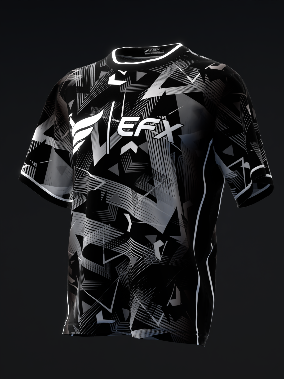 Black bowling jersey with white abstract geometric pattern and text design, front view