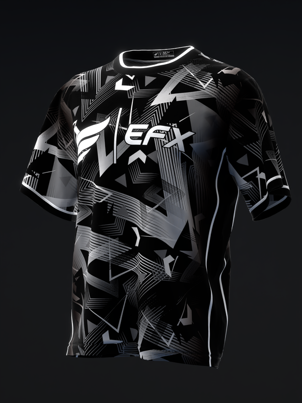 Black bowling jersey with white abstract geometric pattern and text design, front view