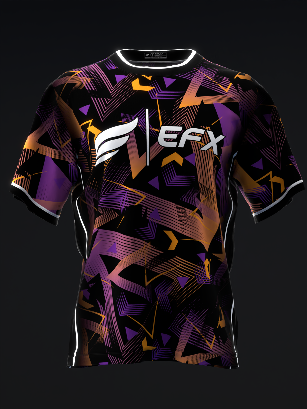 Black bowling jersey with purple, orange, and gold geometric pattern and EFX logo