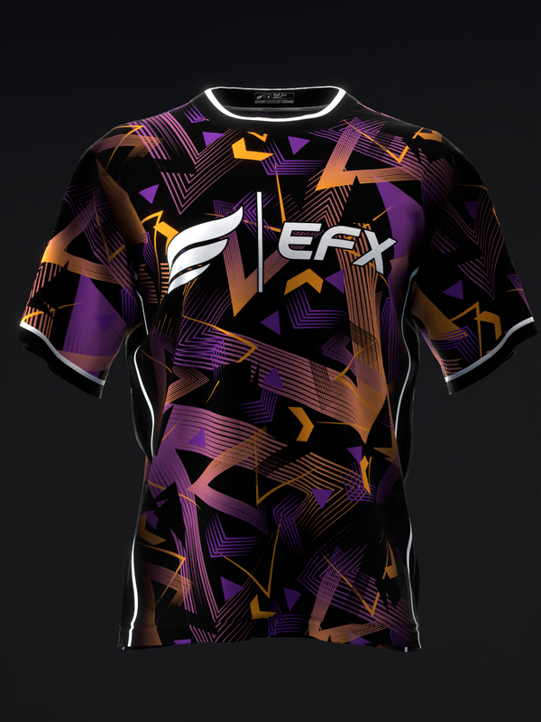 Black bowling jersey with purple, orange, and gold geometric pattern and EFX logo