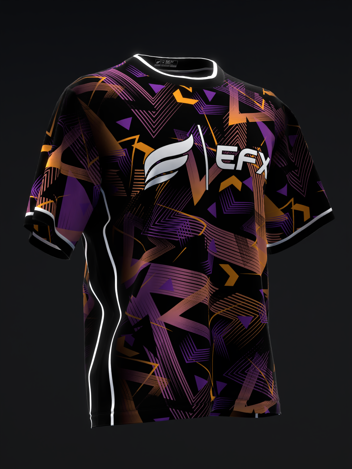 Black bowling jersey with purple, orange, and brown geometric pattern and EFX logo