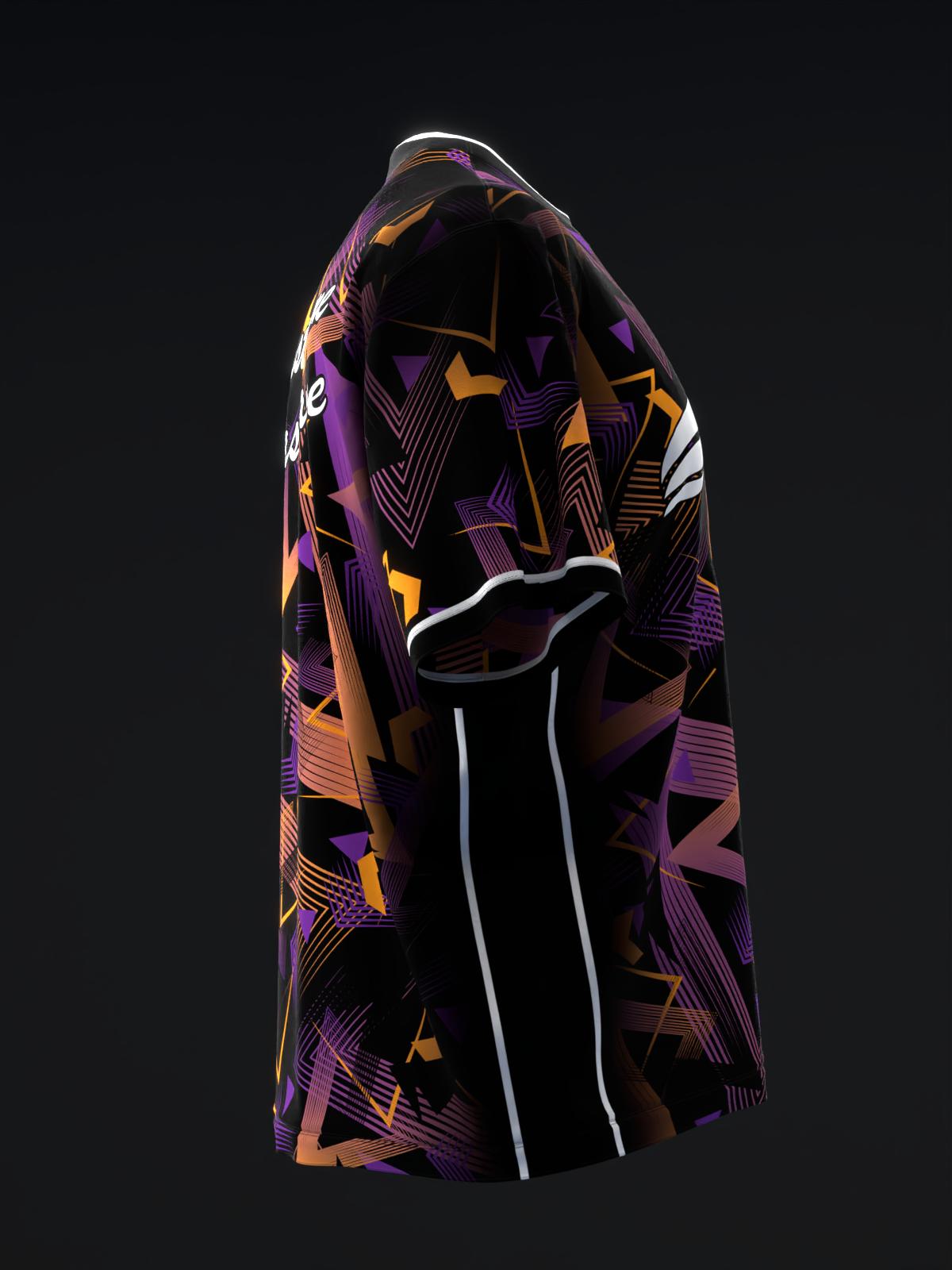 Purple and orange geometric bowling jersey with black panels and white trim