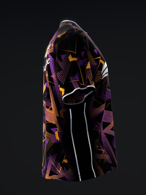 Purple and orange geometric bowling jersey with black panels and white trim