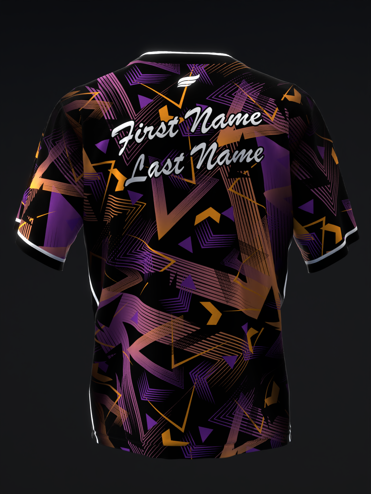Black bowling jersey with purple and orange geometric pattern and personalization text