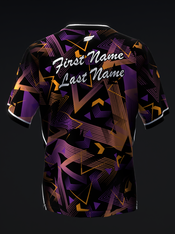 Black bowling jersey with purple and orange geometric pattern and personalization text