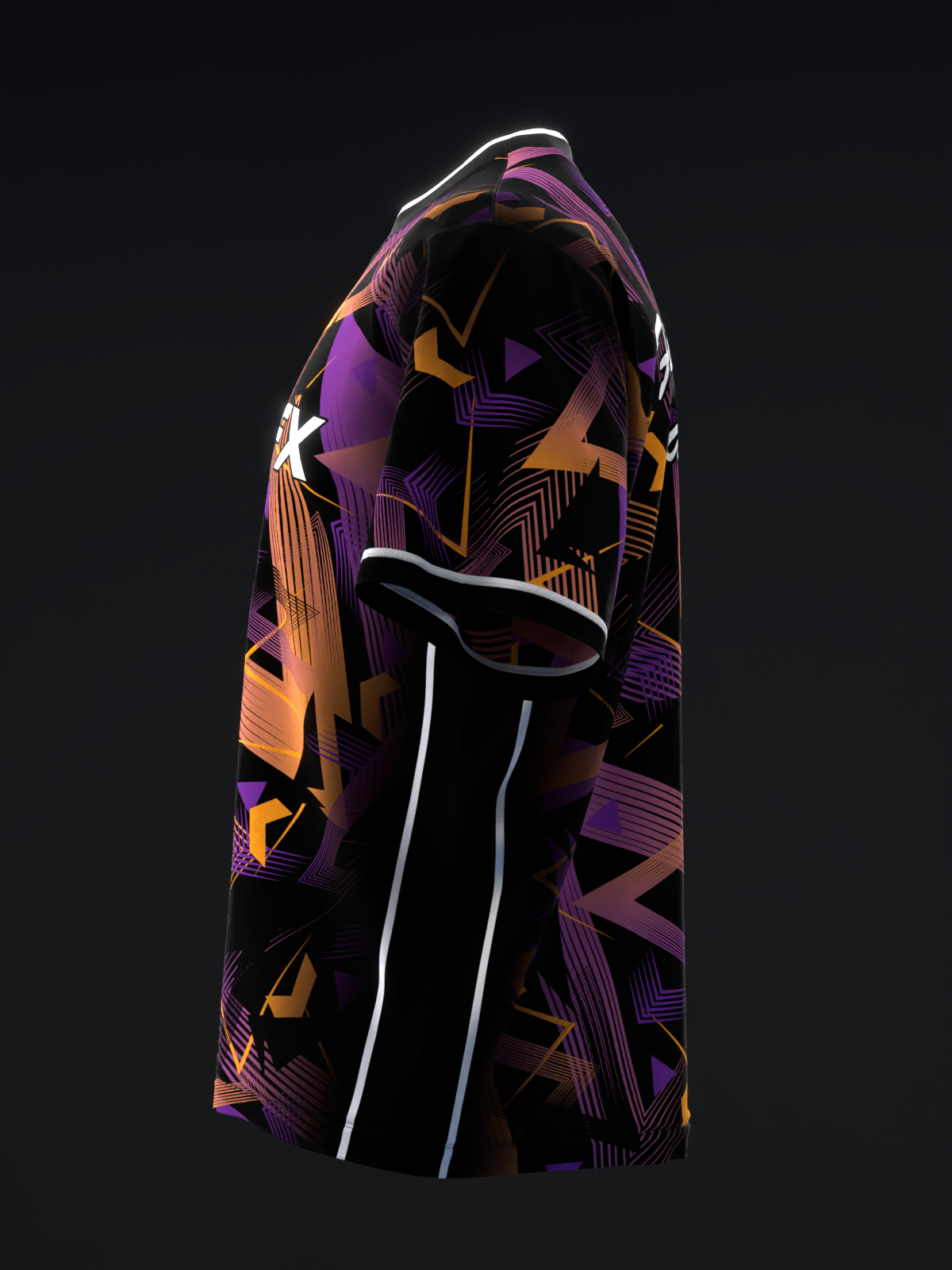 Black bowling jersey with purple and orange geometric patterns and white stripe detail