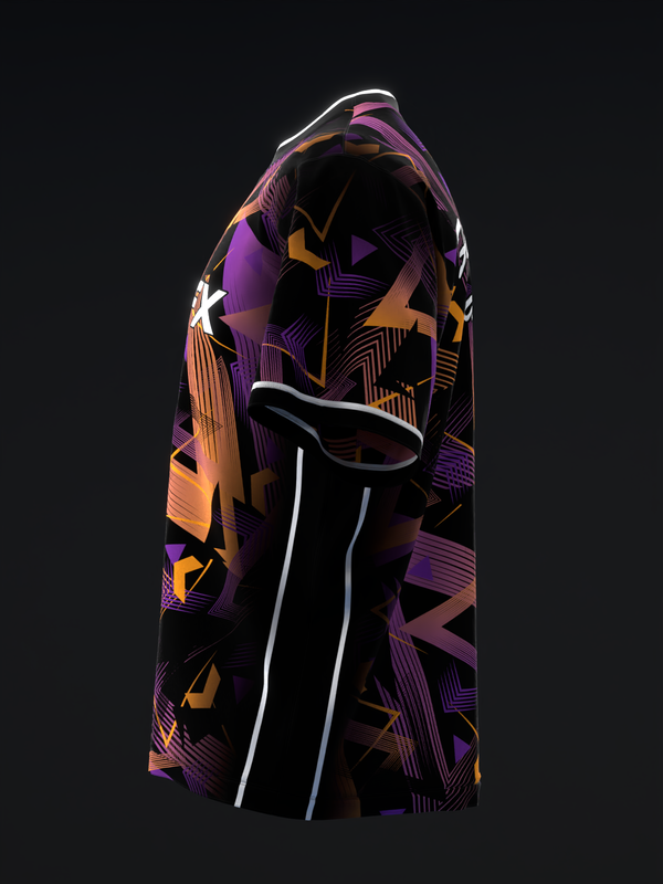 Black bowling jersey with purple and orange geometric patterns and white stripe detail
