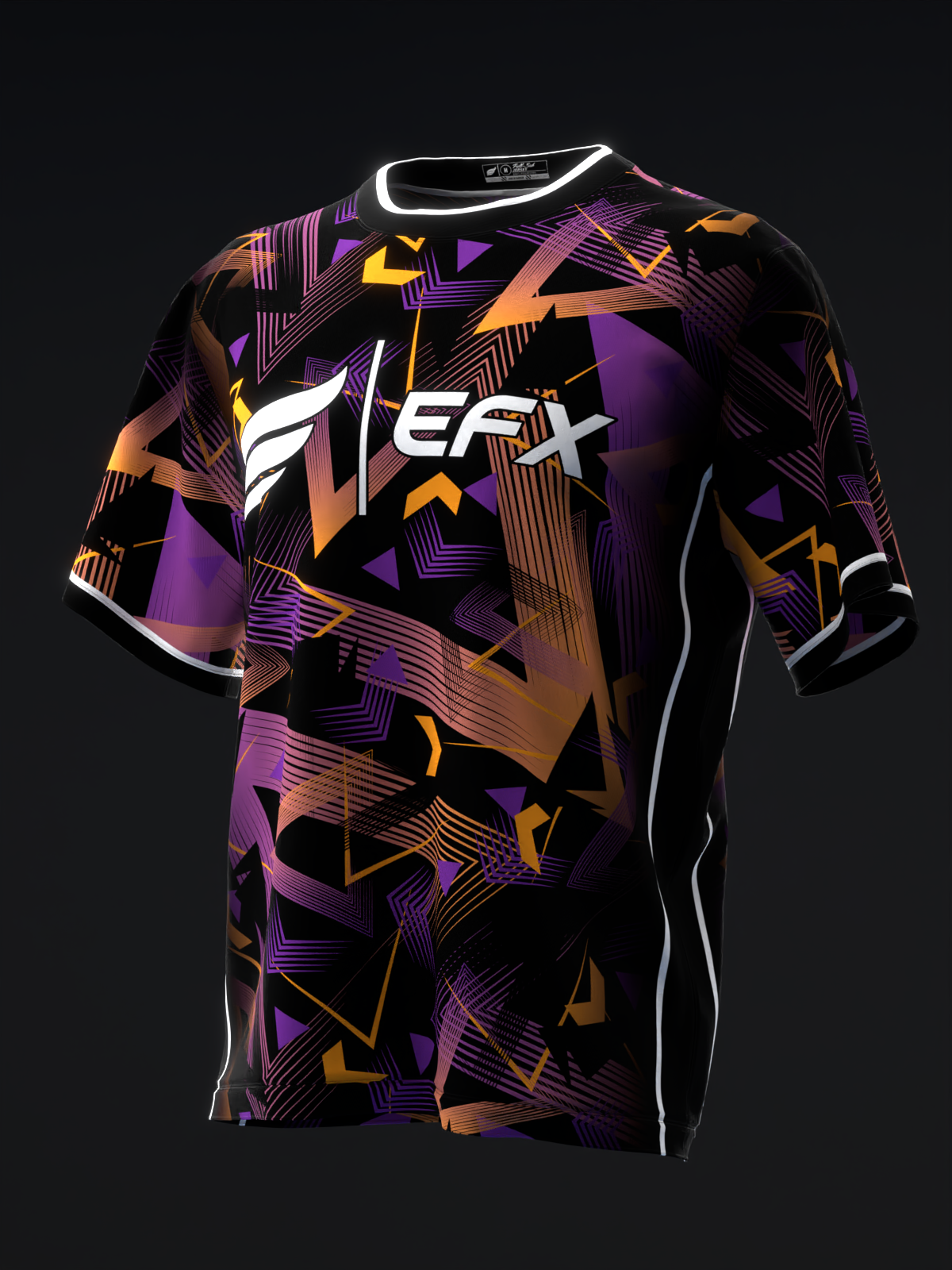Black bowling jersey with purple, orange, and yellow abstract geometric pattern and white EFX logo