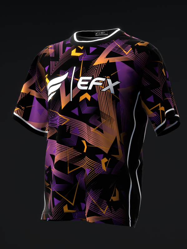 Black bowling jersey with purple, orange, and yellow abstract geometric pattern and white EFX logo