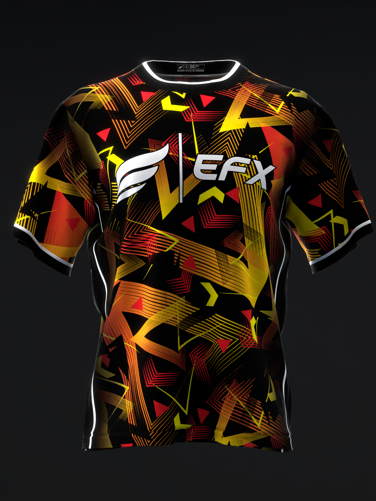 Black bowling jersey with red, yellow, and orange geometric pattern and white logo