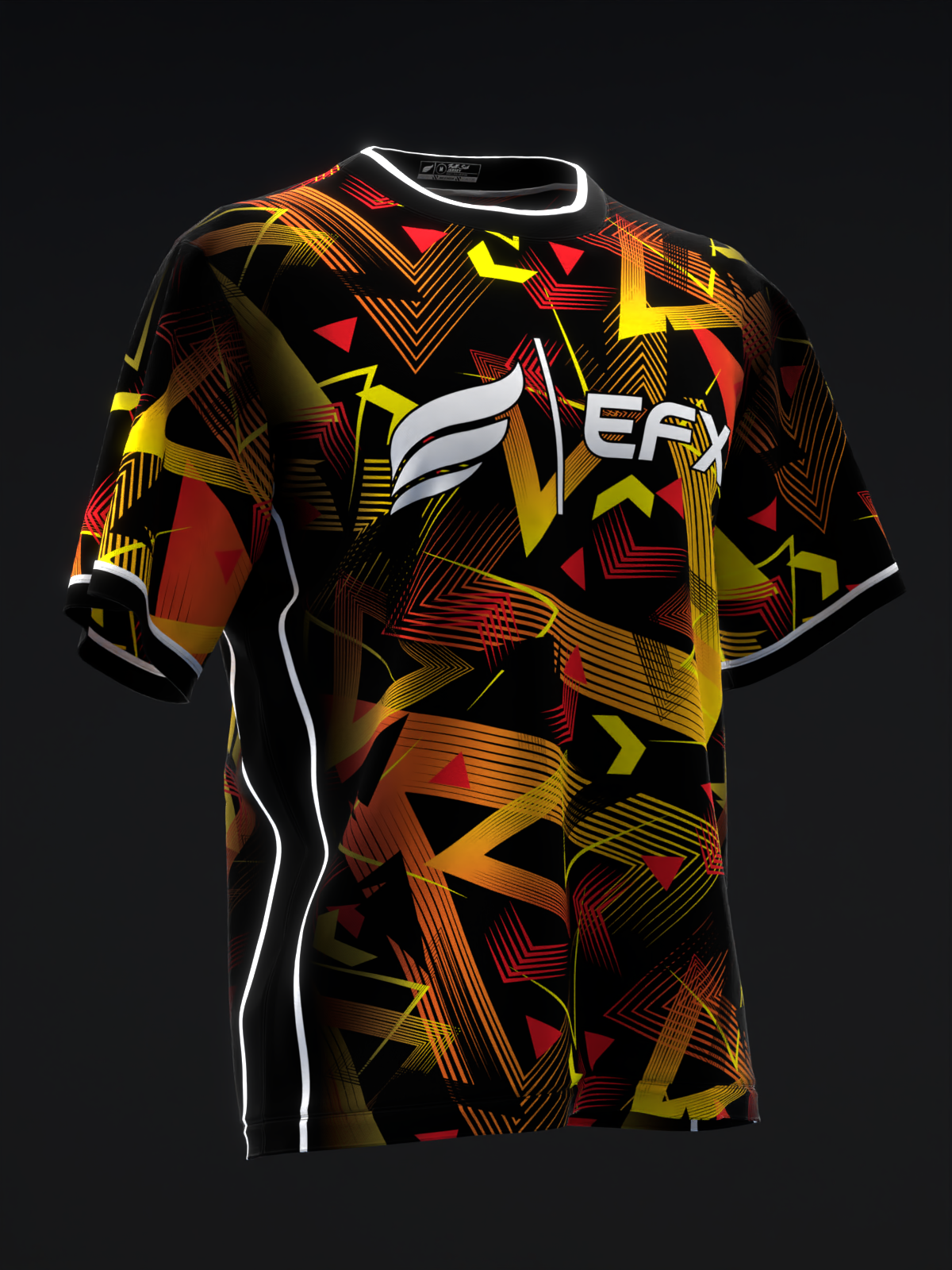 Black bowling jersey with red, yellow, and orange geometric pattern and white side stripe