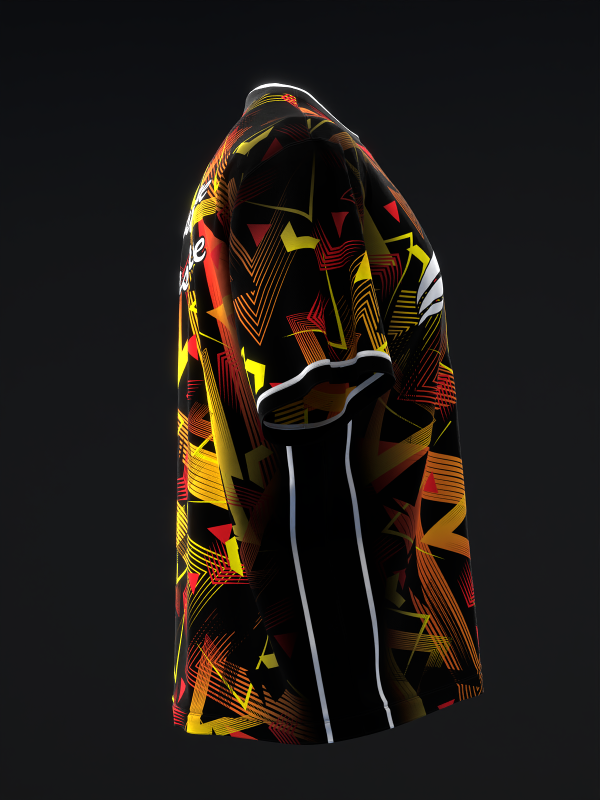 Bowling jersey with abstract geometric pattern in red, yellow, and black on mannequin, front view