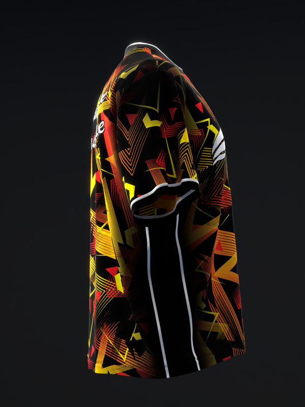 Bowling jersey with abstract geometric pattern in red, yellow, and black on mannequin, front view