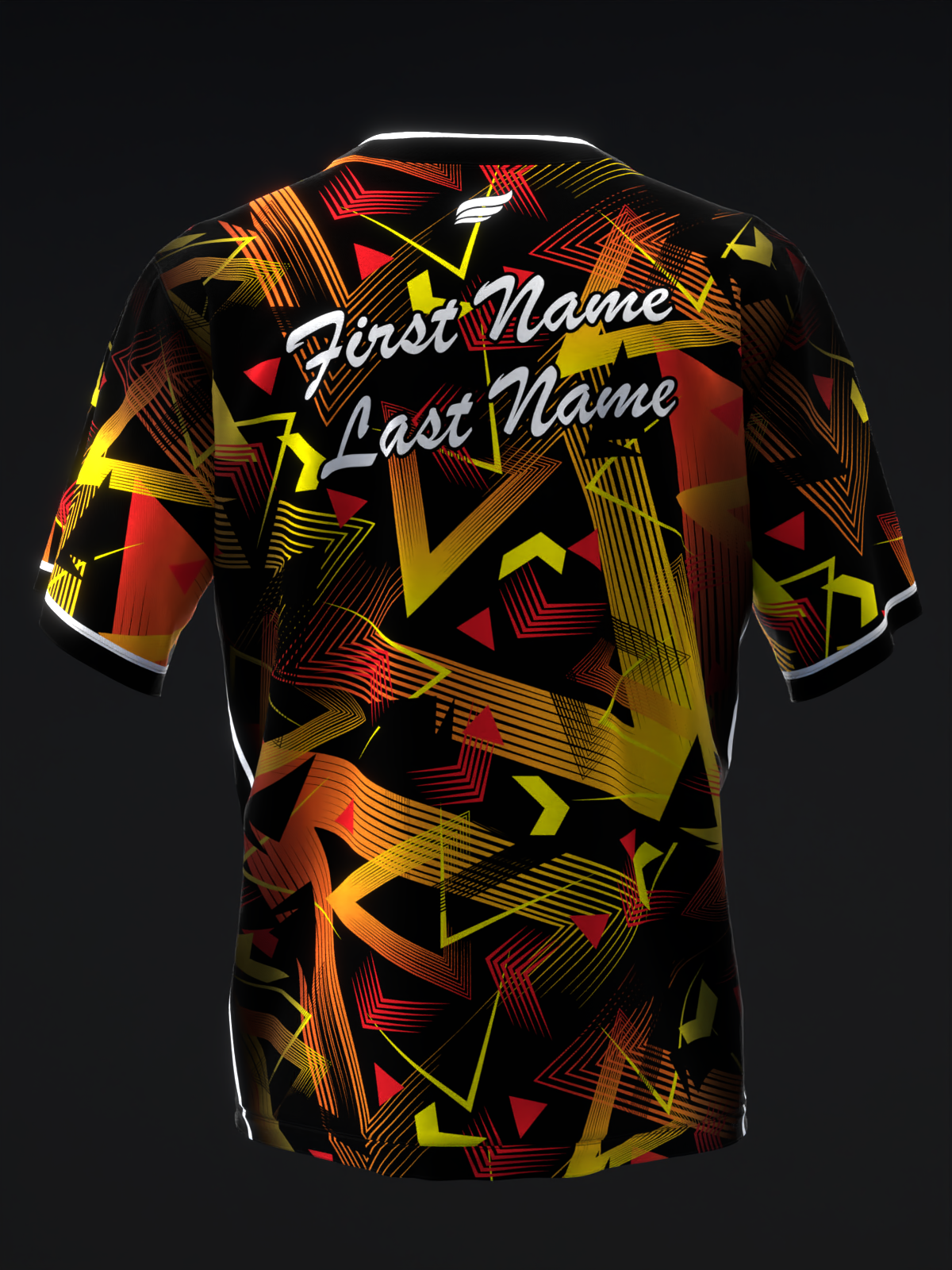 Black bowling jersey with red, yellow, and orange geometric pattern and personalization text