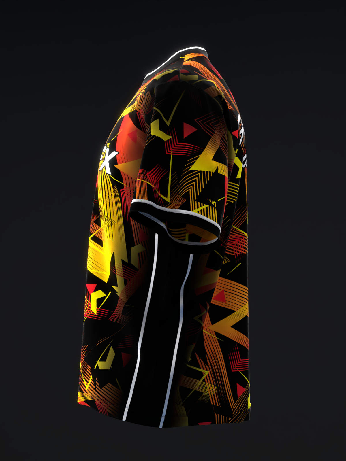 Black bowling jersey with red and yellow geometric pattern design, front view
