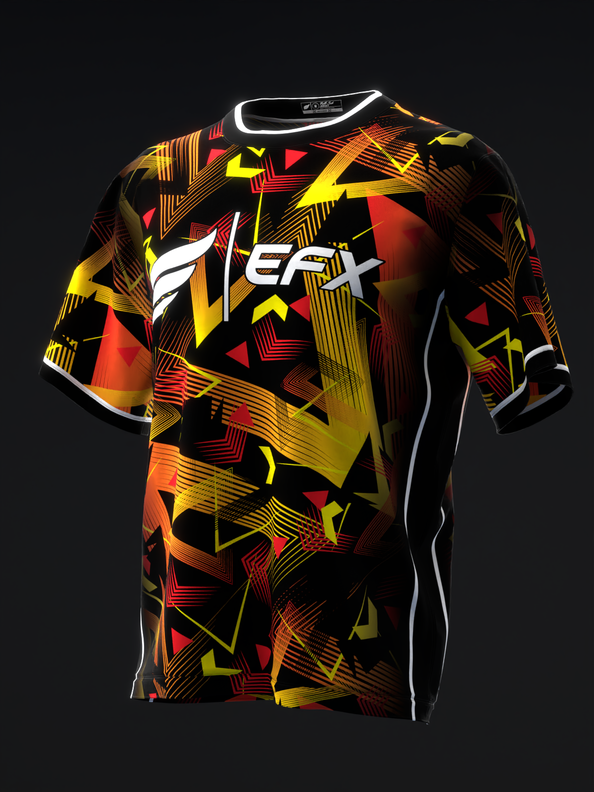 Black bowling jersey with abstract red, yellow, and orange geometric pattern and white EFX logo