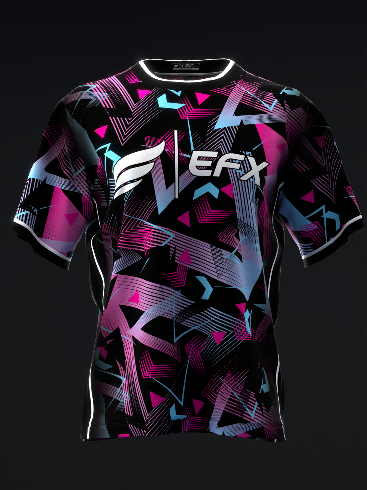 Black bowling jersey with magenta, cyan, and purple abstract geometric pattern front view