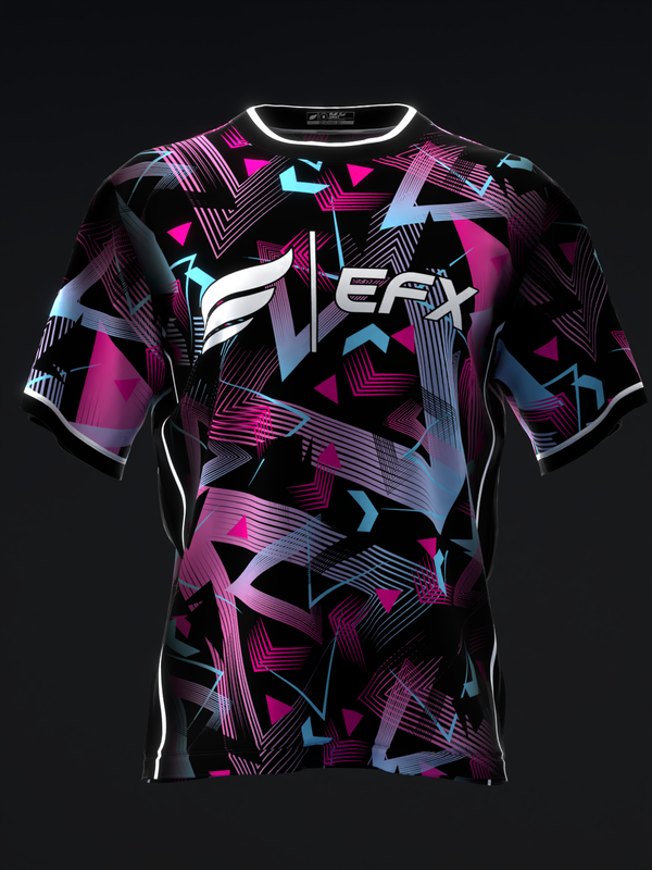 Black bowling jersey with magenta, cyan, and purple abstract geometric pattern front view