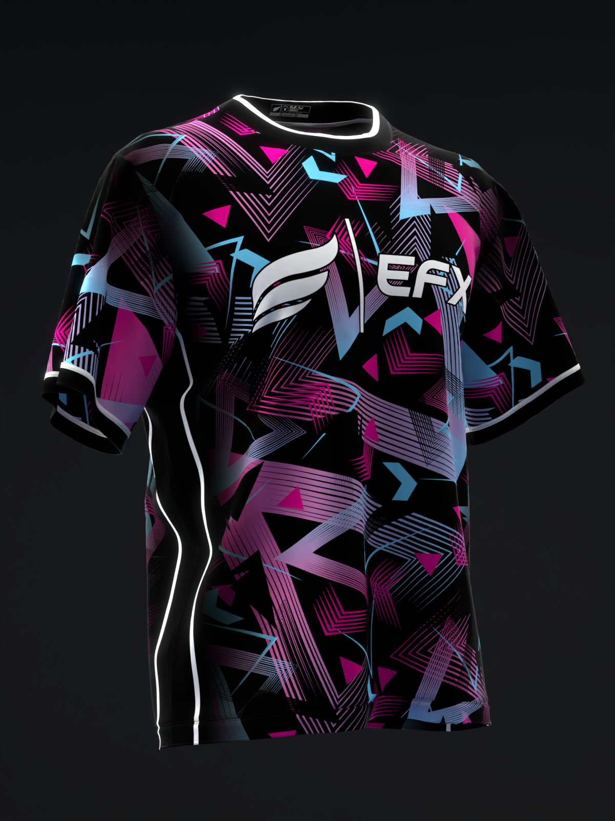Black bowling jersey with magenta, purple, and cyan geometric pattern and logo