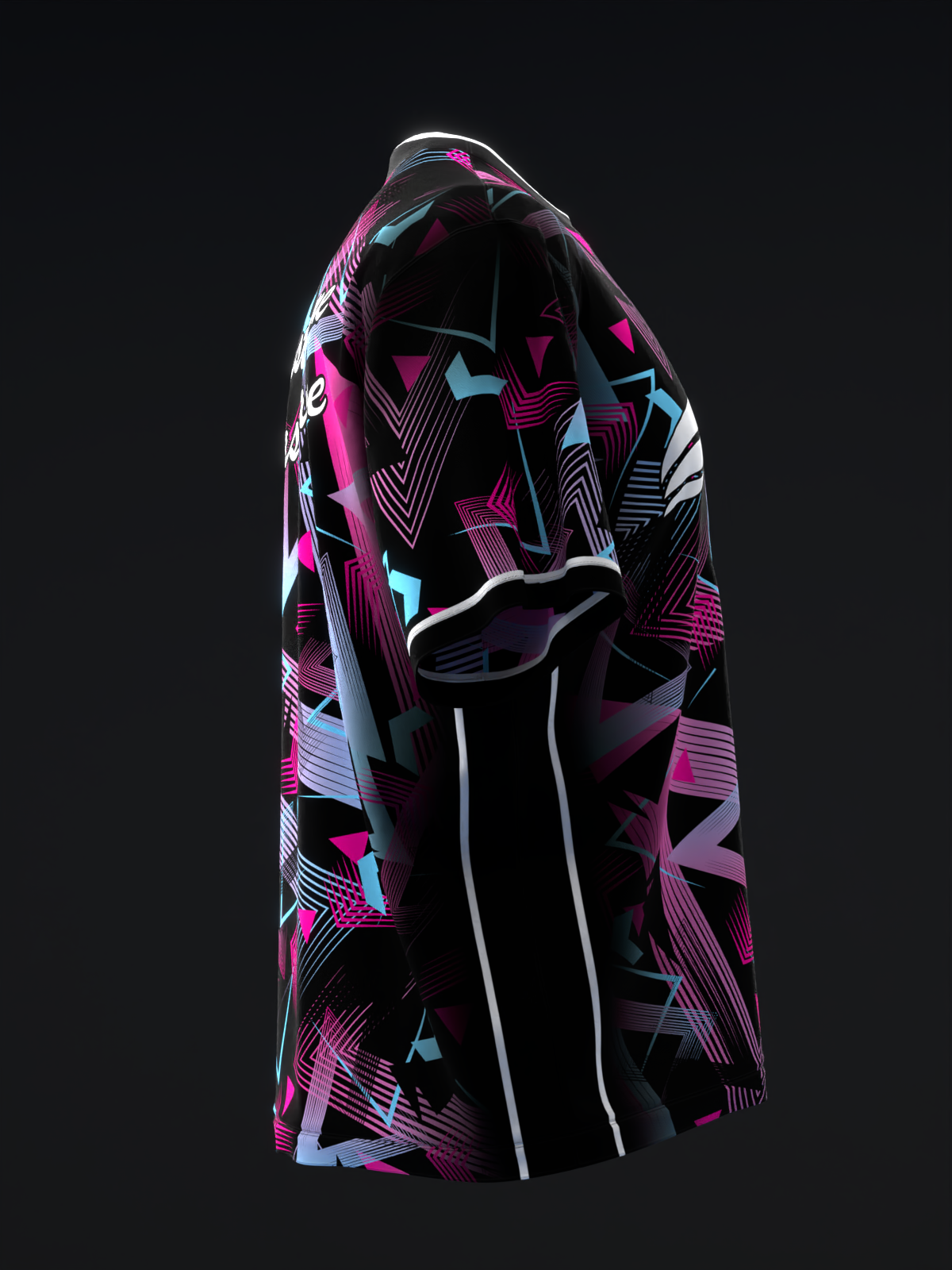 Black bowling jersey with pink, blue, and white geometric pattern throughout
