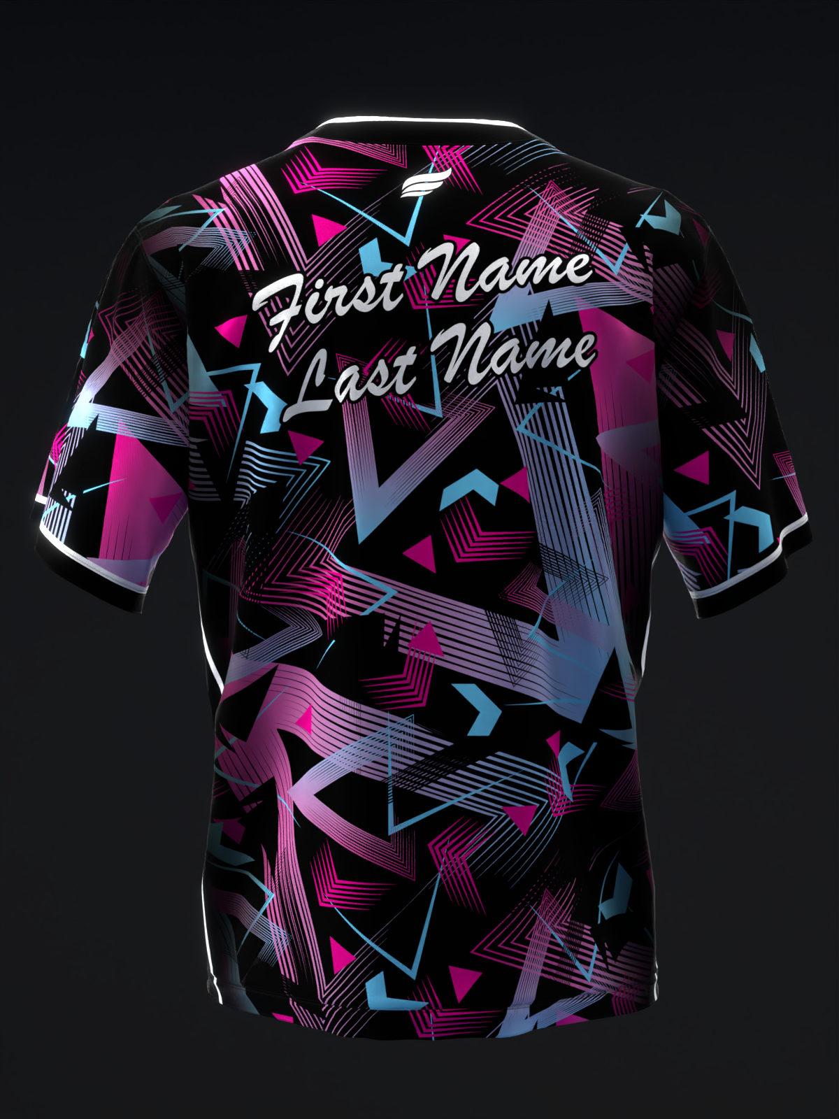 Black bowling jersey with pink, purple, and blue geometric pattern and customizable name placement