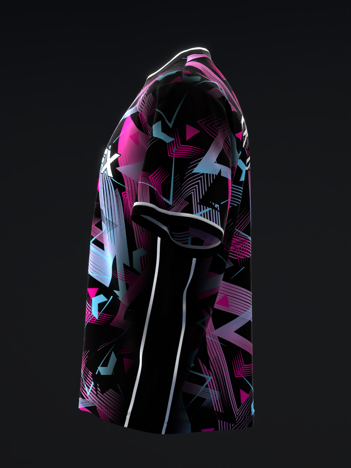 Black bowling jersey with magenta, cyan, and white geometric pattern design