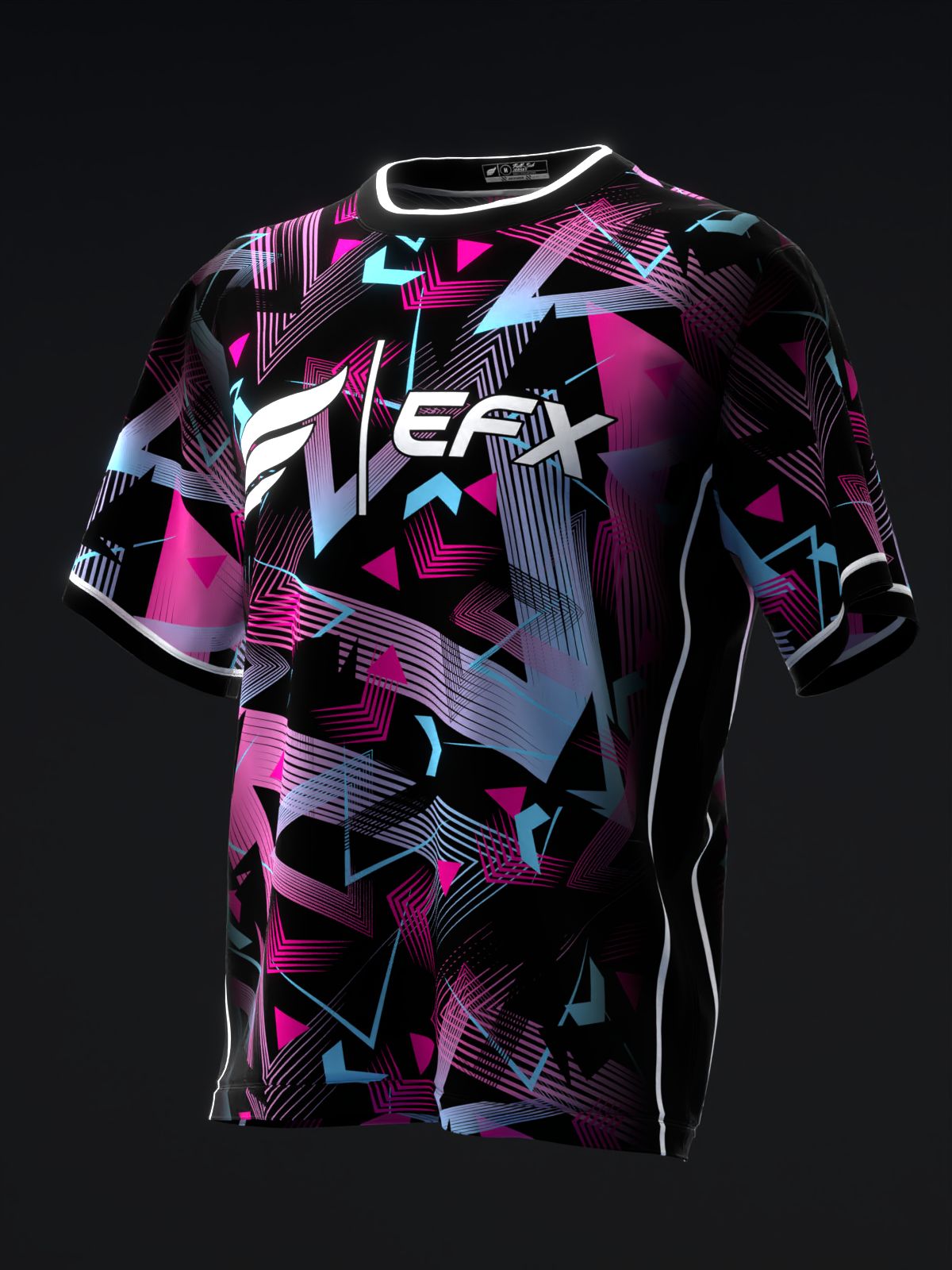 Black bowling jersey with pink, blue, and purple abstract geometric pattern and EFX logo, front view