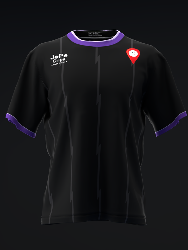 Black bowling jersey with purple trim and location pin graphic on front