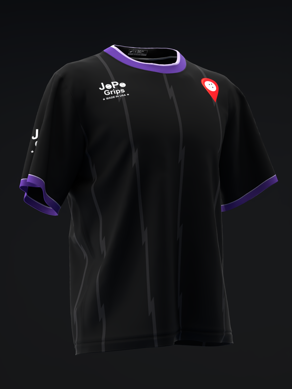 Black bowling jersey with purple trim and JePo Grips logo on front