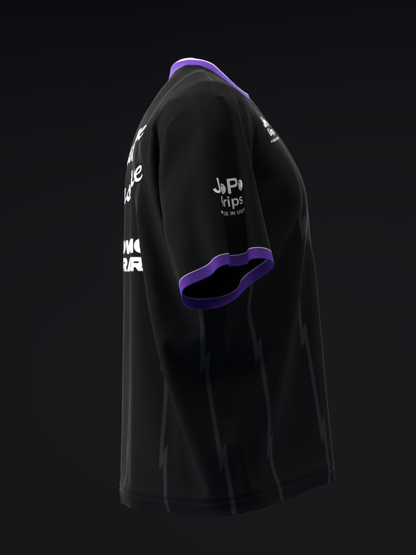 Black bowling jersey with purple trim and white text on chest