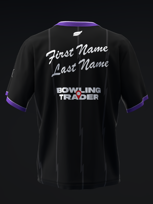 Black bowling jersey with purple trim, personalized name and Bowling Trader logo, back view