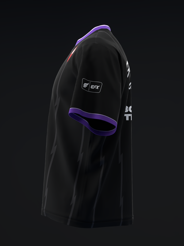 Black bowling jersey with purple trim and EFX logo, side view