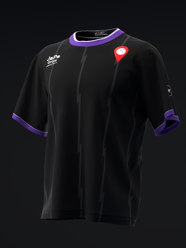 Black bowling jersey with purple trim and location pin graphic on chest