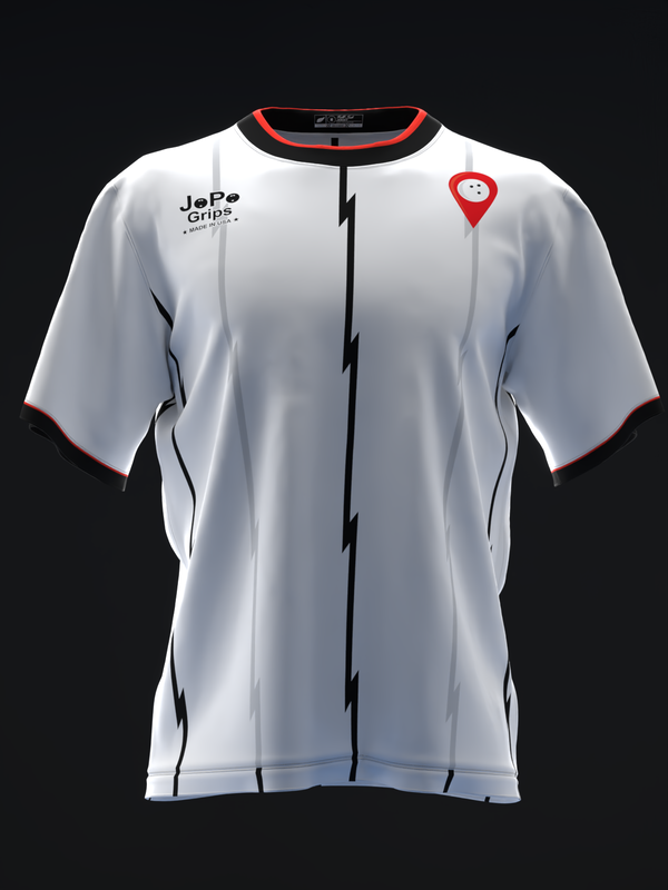 White bowling jersey front view with red and black trim and location pin graphic