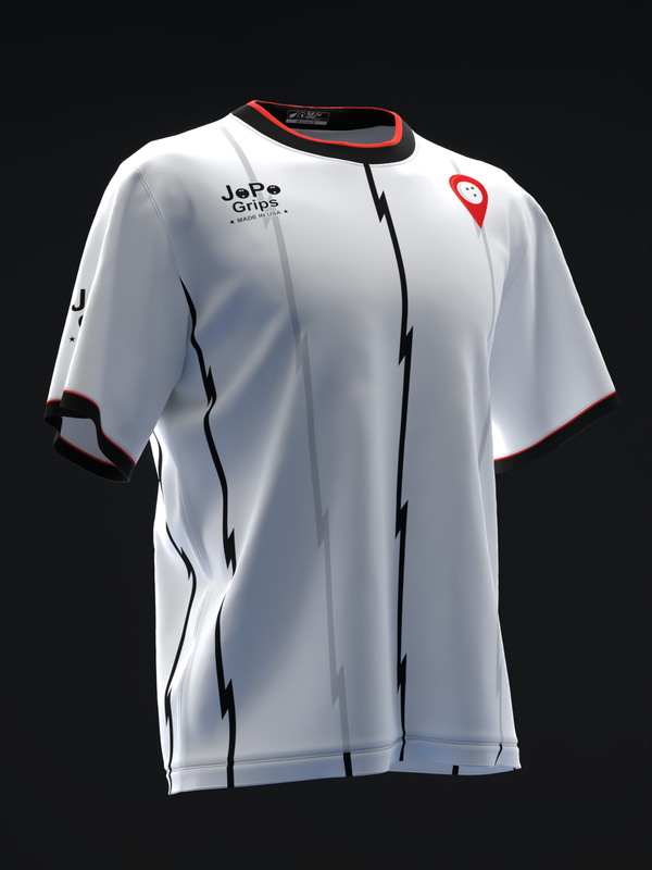 White bowling jersey with black lightning bolt design and red trim details